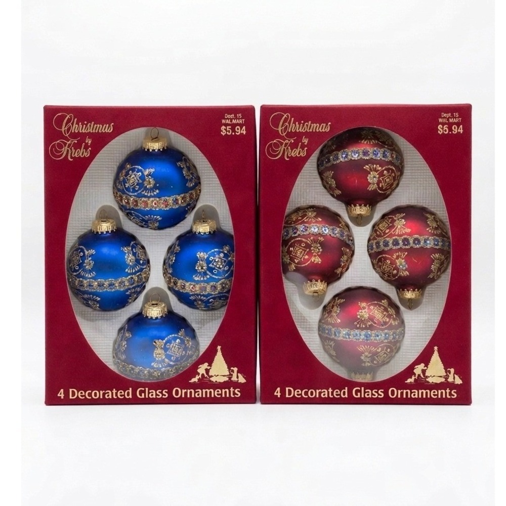 Lot of 8 Vintage Christmas by Krebs Decorated Glass Ornaments Blue Red USA Gold
